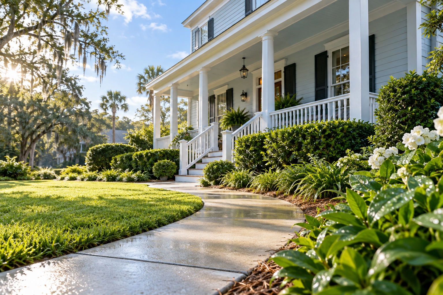 Illustrative Southern home with a sunlit porch, green lawn and clean garden path